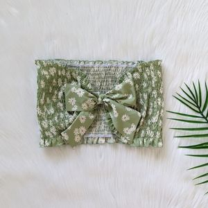 Green and white ditsy floral tie front tube top